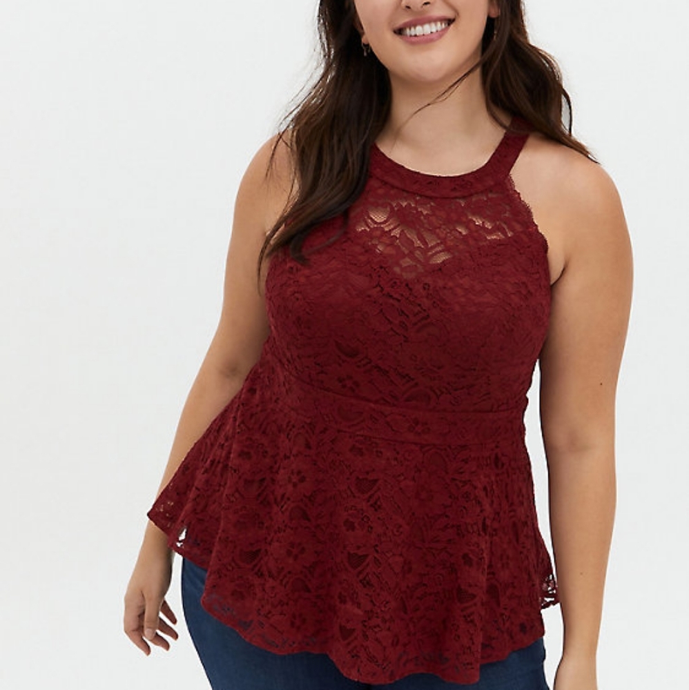 New TORRID RED LACE HIGH NECK PEPLUM TOP PLUS 3X